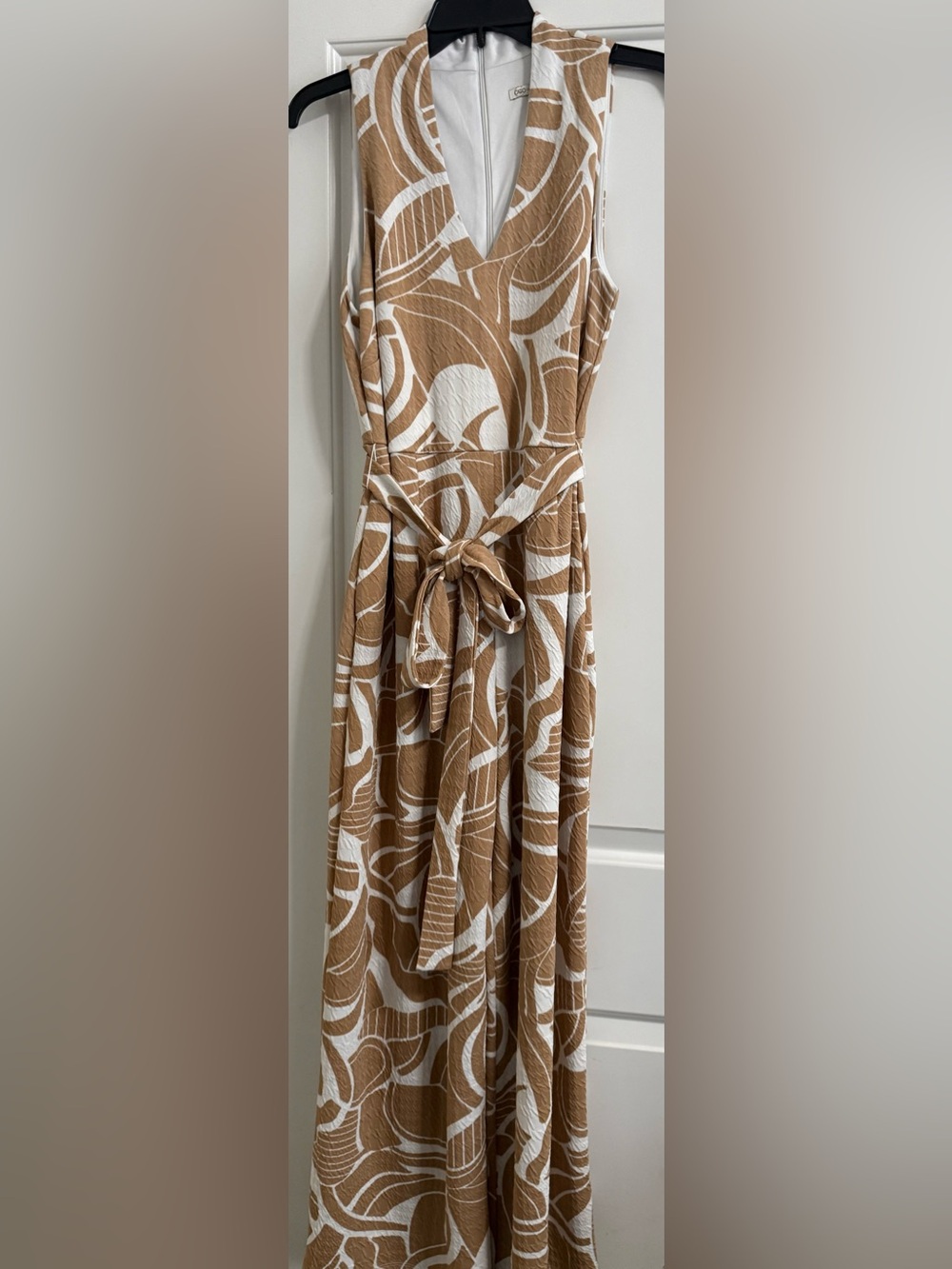 Boho Wide Leg Jumpsuit 14/16W Tan White Abstract Print Tie Waist Flowy Zac